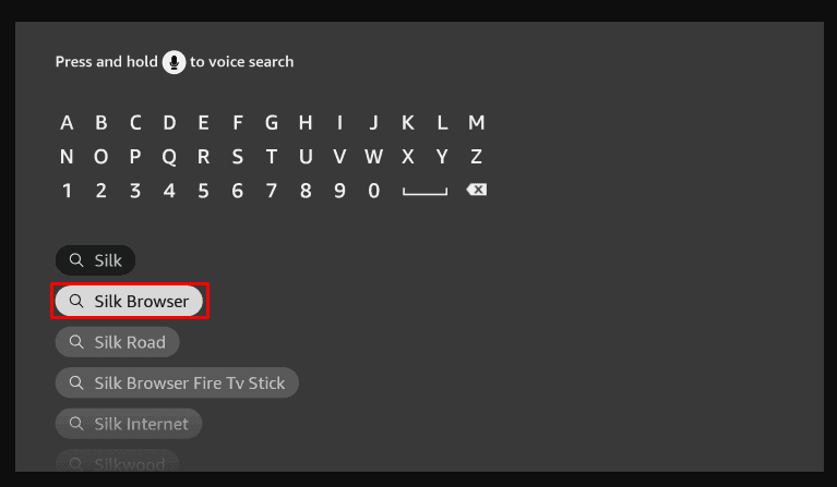 From the virtual keyboard, search for the Silk Browser