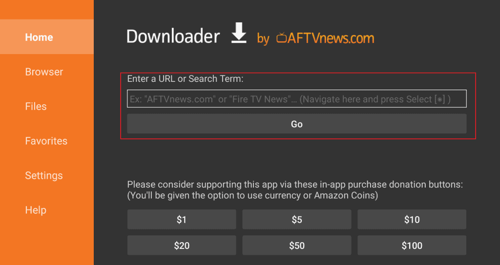 Open the Downloader app and enter the Sportzfy TV APK URL in the URL field